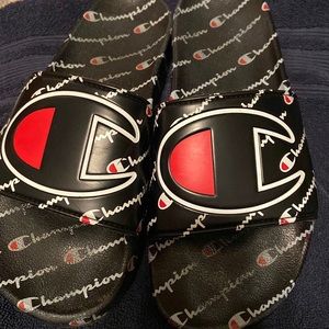 CHAMPION Men's Black IPO Slides Repeat Warped Logos Sandals size US 8